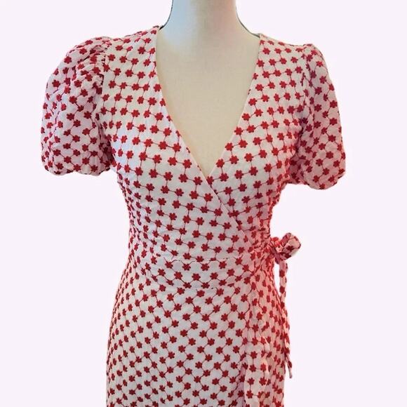 Draper James RSVP Embroidered Wrap Dress Red White Puff Sleeve Floral Size XS - Picture 4 of 7